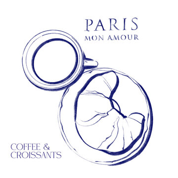 Chic lifestyle blue line art illustration of a Parisian morning breakfast with a croissant, coffee cup, and typography. transparent background