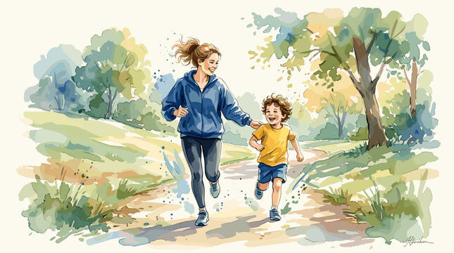 Mother and son enjoying a joyful run together on a sunny park path