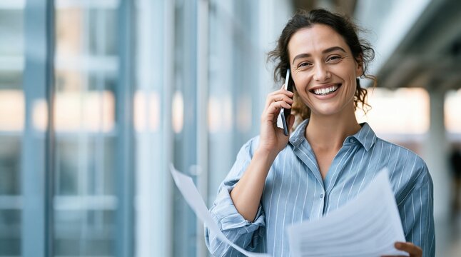 Smiling woman on phone holding documents in modern office corridor