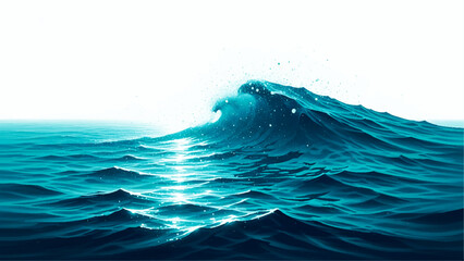 A powerful blue ocean wave with white sea foam and sparkling sunlight reflections on the water surface, isolated on a white background, sea spray © VxGFX