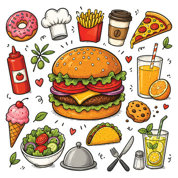 Hand Drawn Food and Drinks Doodle Cartoon Vector Illustration Set