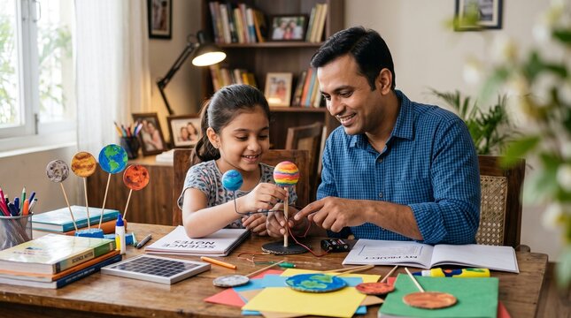 Father and daughter enjoying science project together at home