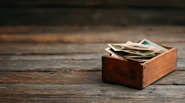 A rustic wooden box filled with old photographs rests on a weathered wooden surface, evoking nostalgia and memories.