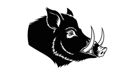 Obraz premium Stylized black and white illustration of a wild boar's head in profile, featuring large tusks and a fierce expression, perfect for a logo or mascot.