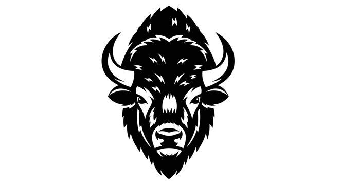 Striking black and white graphic illustration of a powerful bison head facing forward, with detailed fur and horns, in a strong emblem style.