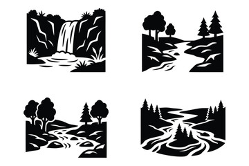 Fototapeta premium Black silhouette landscape scenes with trees, water, and hills in various compositions on white background for design elements