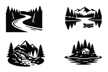 Fototapeta premium Black silhouette scenic landscape icons featuring forest, mountains, and water on white background for design