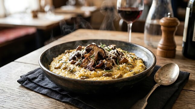 Steaming hot mushroom risotto served in a restaurant bowl with red wine in the background