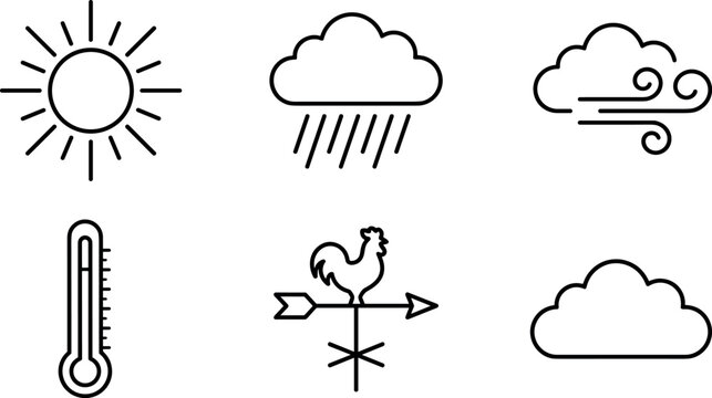 Minimalist Weather Forecast Line Icon Set Featuring Sun Rain Clouds Wind Thermometer and Traditional Rooster Weather Vane Illustrations