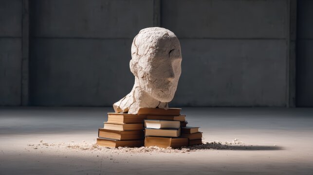 A cracked stone sculpture of a human head rests on a stack of old books in a dimly lit, empty room with a concrete wall background.