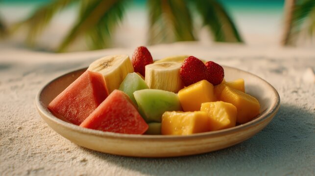 A plate of assorted fresh tropical fruits including watermelon, banana, strawberries, mango, and melon on a sandy beach with blurred palm trees in the background.