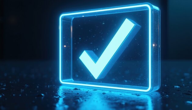 Glowing blue check mark in a digital box signifies approval verification success. Modern interface element confirms selection or completion. Technology symbol for accepted choices.