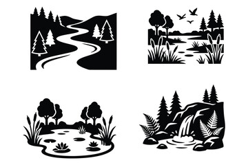 Fototapeta premium Silhouette scenic landscape designs with trees, river, pond, waterfall in black and white, isolated on white background for nature graphics