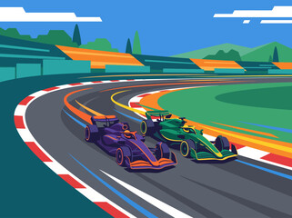 Obraz premium A vibrant depiction of a thrilling racing scene with two Formula One cars dynamically competing on a racetrack, illustrating speed, adrenaline, and competitive spirit in motorsport.