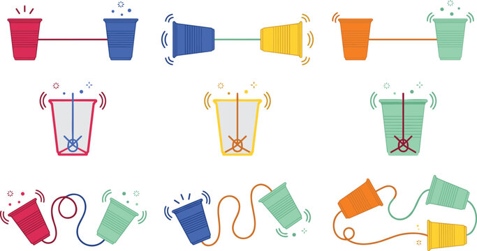 Tin Can Telephone Vector Icon Set with Plastic Cups and String for Childhood Games Communication Concepts Sound Physics and Education Graphic Elements