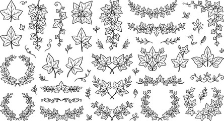 Ivy Leaf Vine and Climbing Plant Hanging Branch Icon Set with Decorative Wreaths and Garlands for Floral Branding, Borders, Wedding Stationery, and Botanical Vector Designs © Salina
