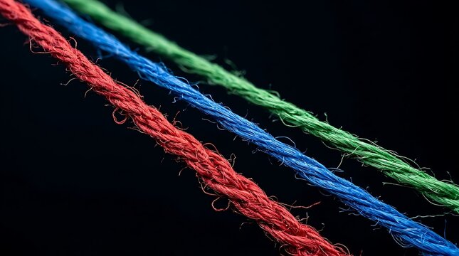 Extreme close up of textured red, blue and green threads isolated on a dark black background