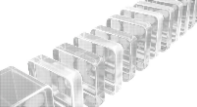 Diagonal abstract pattern of black dots on transparent grey background, halftone texture, representing digital data and technology themes.