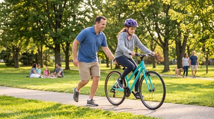 Obraz premium Father teaches teenage daughter to ride bicycle in sunny park setting