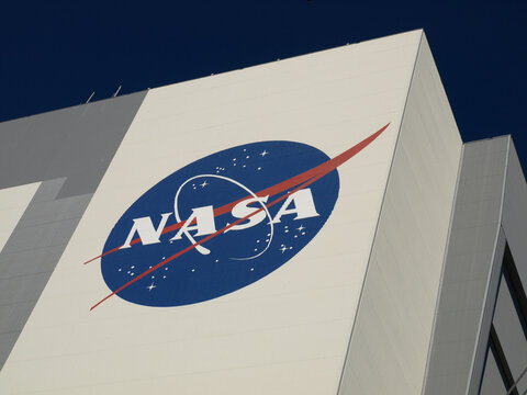 Closeup of NASA logo on Vehicle Assembly Building, Kennedy Space Center, Florida, USA