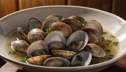 Fototapeta premium Steamed clams in a shallow ceramic bowl with parsley and broth on a wooden table, suitable for seafood restaurant menus and coastal dining promotions.