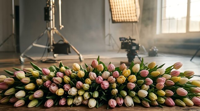 Colorful spring tulips on a wooden table in a professional photography studio with soft lighting
