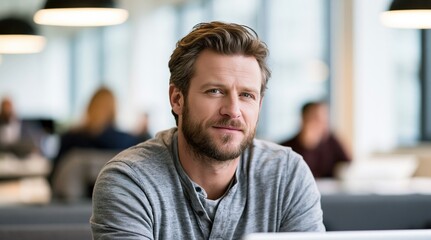 Fototapeta premium Smiling man working at desk in modern open office, close-up