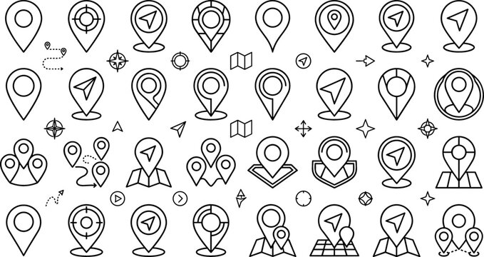 Map Pin Pointer and Location Marker Icon Set with Navigation Compasses, Routes, and Position Flags for Mobile Apps, Website Interface, and Travel Vector Designs