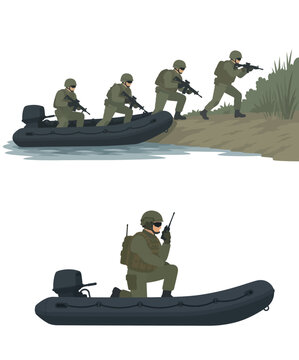 Vsai soldiers disembarking inflatable boat during amphibious military operation