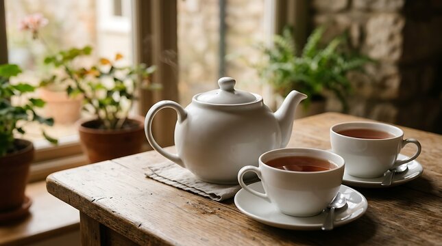 Steaming tea set on a rustic wooden table with potted plants by a sunny window in a cozy home