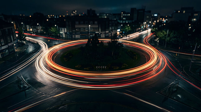 Long exposure light trails from vehicle traffic moving around a circular roundabout intersection in a modern city at night