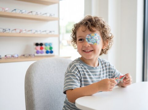 Little child wearing eye patch and holding glasses in optical store. Medical treatment for amblyopia and vision correction. Healthcare specialist consultation for blurry eyesight.