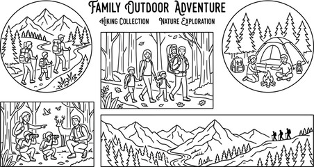 Obraz premium Family outdoor adventure illustrations with hiking and camping silhouettes on white background