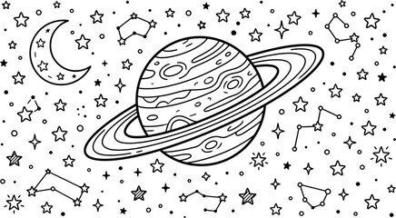 Saturn planet illustration with moon stars and constellations for kids © Saiful
