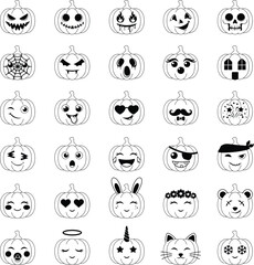 Fototapeta premium Creative carved Halloween cute pumpkin faces collection 