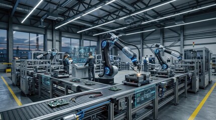 Fototapeta premium Automated conveyor production machinery in an industrial hall, modern technology innovation and future cyber system, high-quality