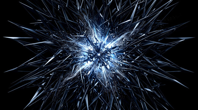 Abstract dark metallic spike explosion with radiant blue light energy burst in deep black space background