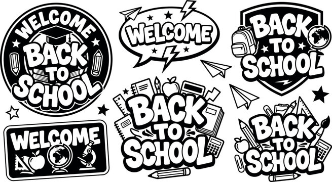 Black silhouette welcome back to school icons with educational symbols on white background for design