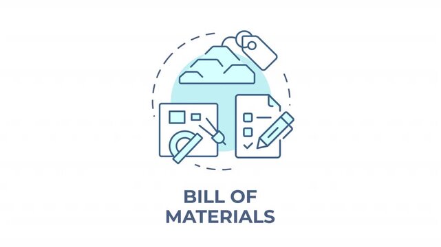 Bill of materials blue concept icon animation. Supply chain optimization. Sustainable manufacturing product. Production control. Cyan circular animated abstract idea. HD video with alpha channel