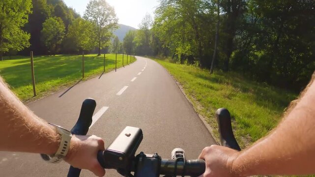 POV of cyclist riding on asphalt bike path at sunset in summer. Slovenia. First person view of male hands on bicycle handlebar cycling on road in green fields, forest. Active sport outdoor lifestyle