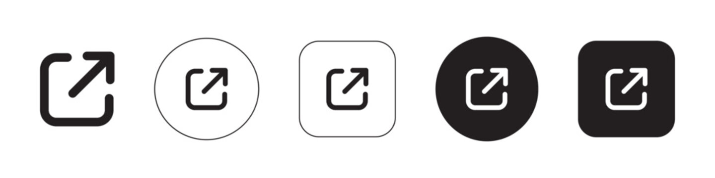 External link icon-plain outline, outline circle, outline square, solid circle, and solid square. Vector symbol for UI, app, and web design.