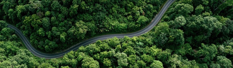 Fototapeta premium Curving highway through dense green forest canopy from above