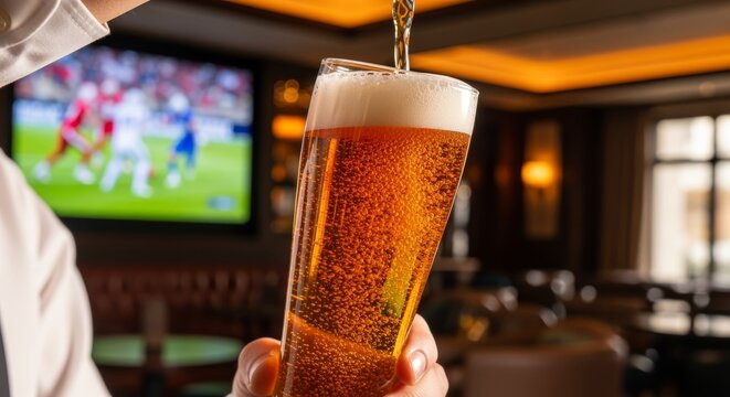 Cold draft beer poured in a glass at a sports bar