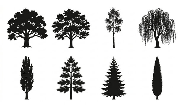 Professional vector illustration featuring a diverse collection of tree silhouettes arranged in an organized grid layout. Include oak trees, maple trees, birch trees, willow trees, poplar trees, pine 