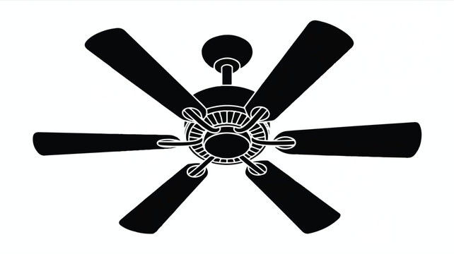 A black silhouette illustration of a ceiling fan with blades spinning in air