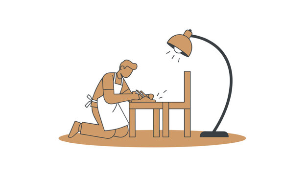 Woodworker in apron kneels while using a hand plane to shape and smooth a wooden chair in a workshop under a desk lamp.