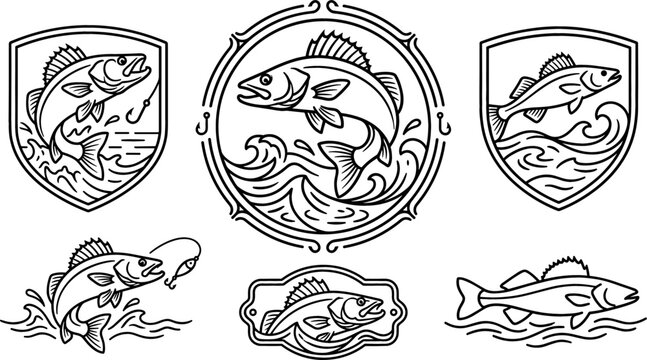 Walleye Fish Jumping and Swimming Crest Emblem Icon Set with Heraldic Shields, Circular Frames, Hooks, Lures, and Water Wave Splash Elements for Fishing Tournament Vector Designs