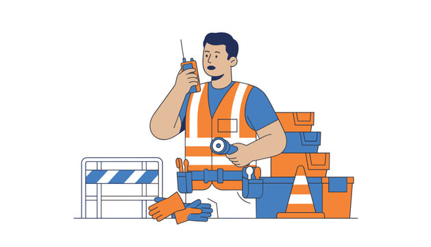 Site supervisor in high visibility vest communicating with a radio transceiver while managing construction equipment and traffic cones on site.