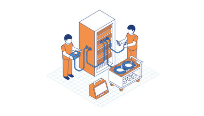 Obraz premium Network technicians maintain server room infrastructure by testing cable connections with diagnostic tools to optimize data flow and system performance.