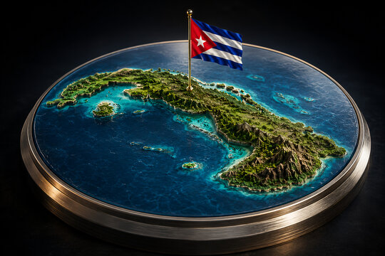Ultra Detailed 3D Topographic Map of Cuba with National Flag and Caribbean Island Terrain